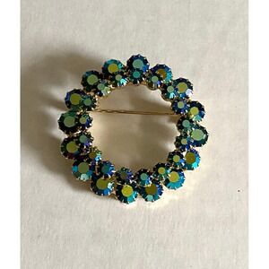 Vintage Circle Pin Gold Tone w/ Blue Aurora Borealis Rhinestones
